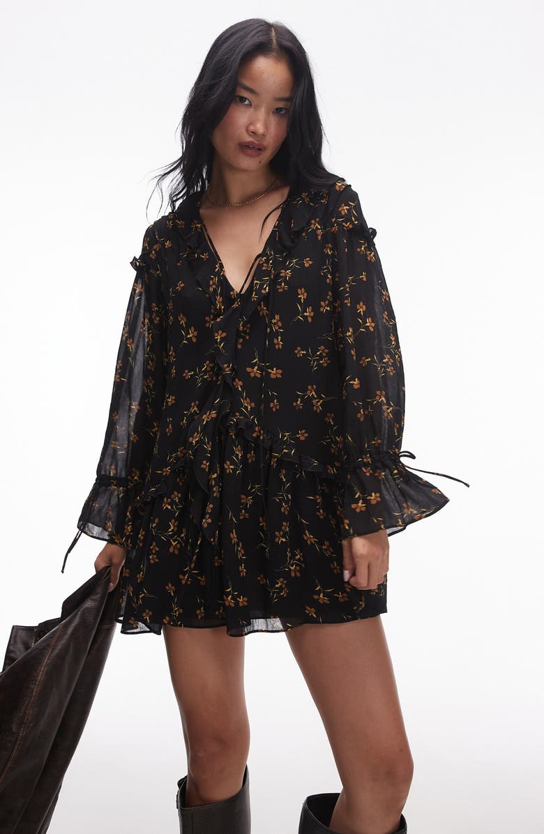 Drop Waist Pleated Long Sleeve Denim Shirtdress
