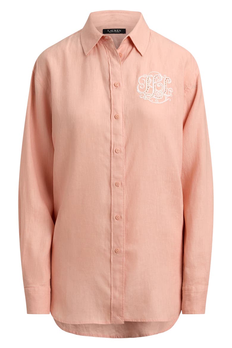 Relaxed Fit Eyelet Logo Embroidered Linen Button-Up Shirt, Alternate, color, PINK RHODONITE