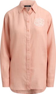 Lauren Ralph Lauren Relaxed Fit Eyelet Logo Embroidered Linen Button-Up Shirt