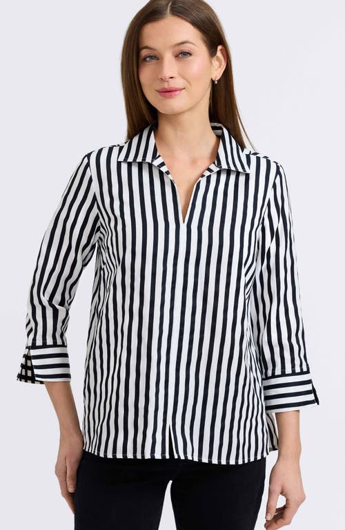 Foxcroft Agnes Stripe Long Sleeve Cotton Sateen Top In White/black