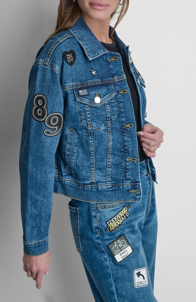 DKNY 1989 Pins & Patches Denim Trucker Jacket, Alternate, color, Tribeca Wash