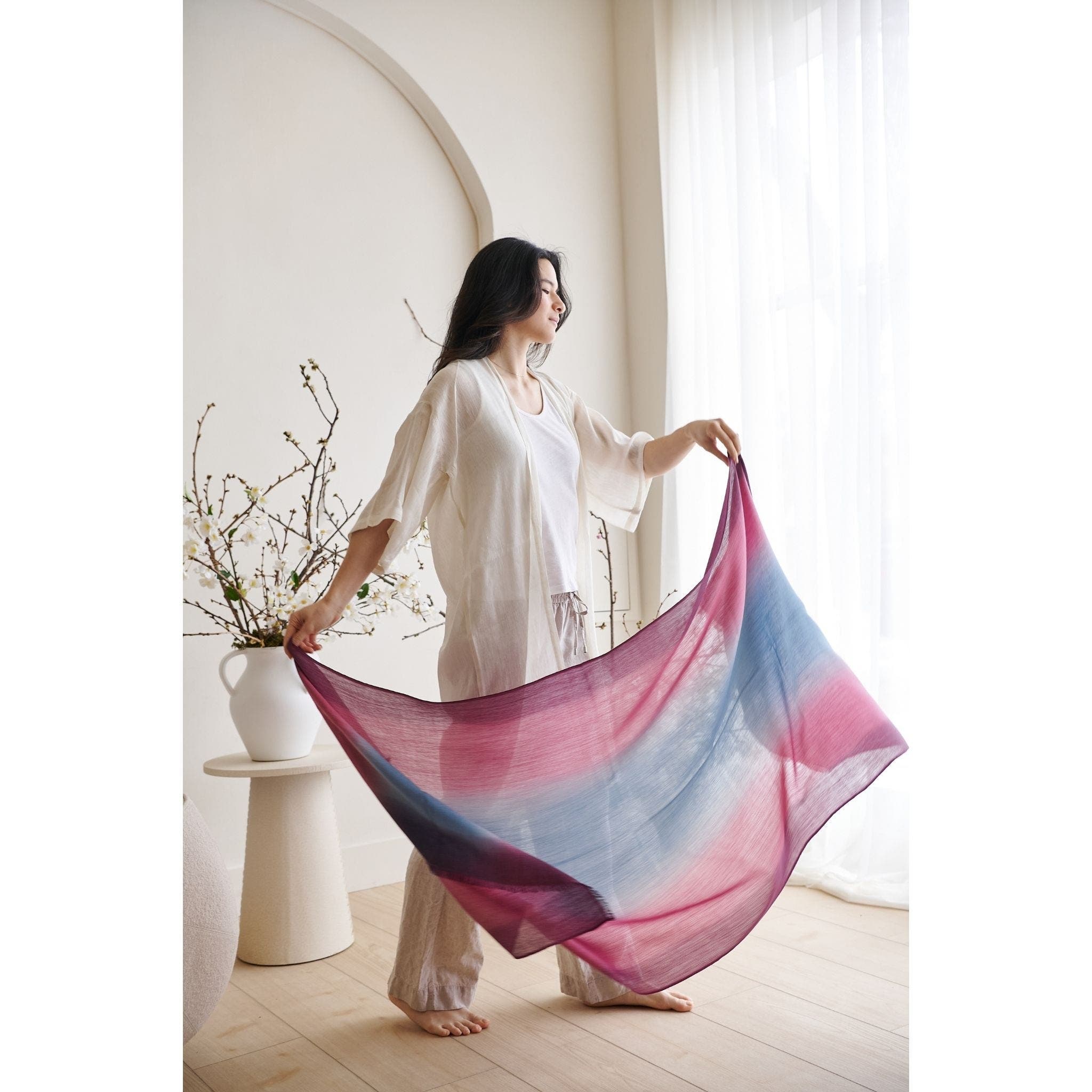 Studio Variously Iris Haze Blue Pink Cashmere Merino Handloom Scarf, Alternate, color, Pink