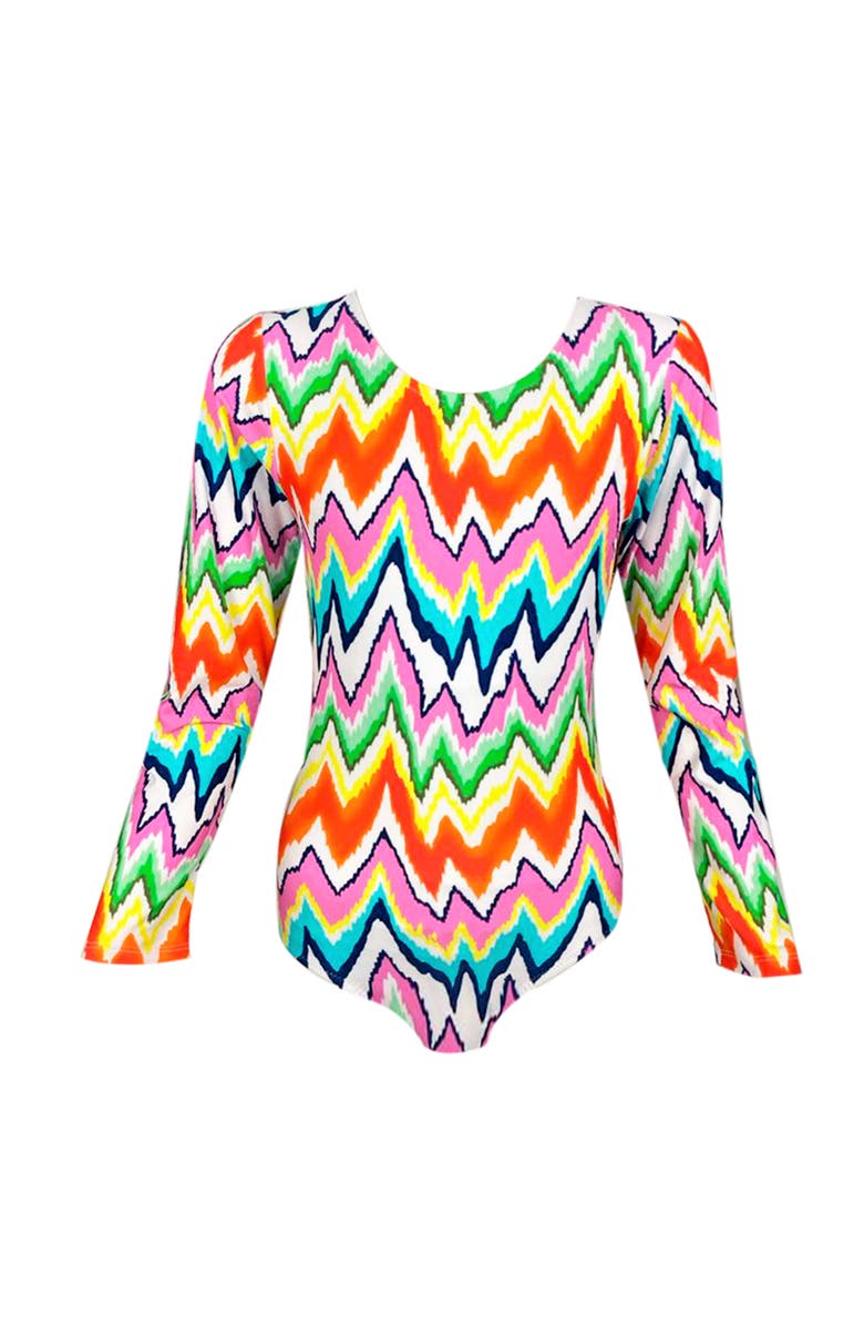 NESSI BYRD Kids' Multicolor Zig-Zag Print Long Sleeve One-Piece Rashguard Swimsuit, Little Kid-Big Kid, Main, color, Multicolor