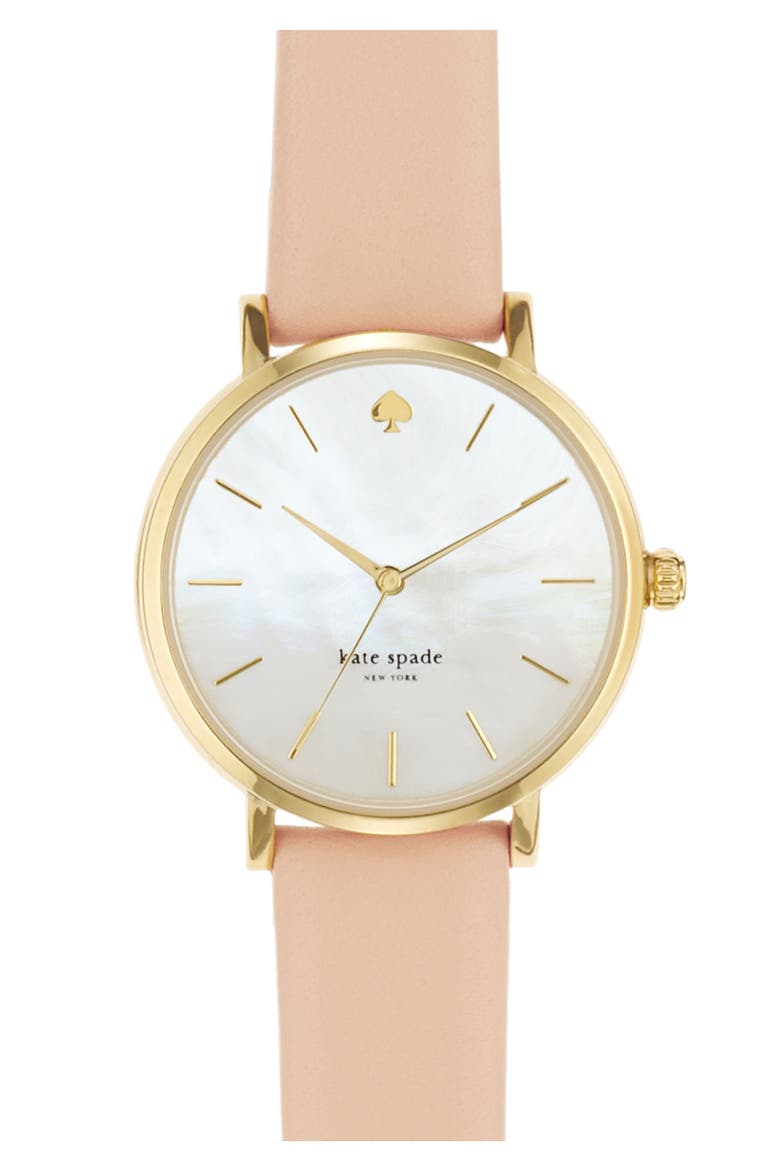 'metro' round leather strap watch, 34mm, Main, color, GOLD/ BEIGE