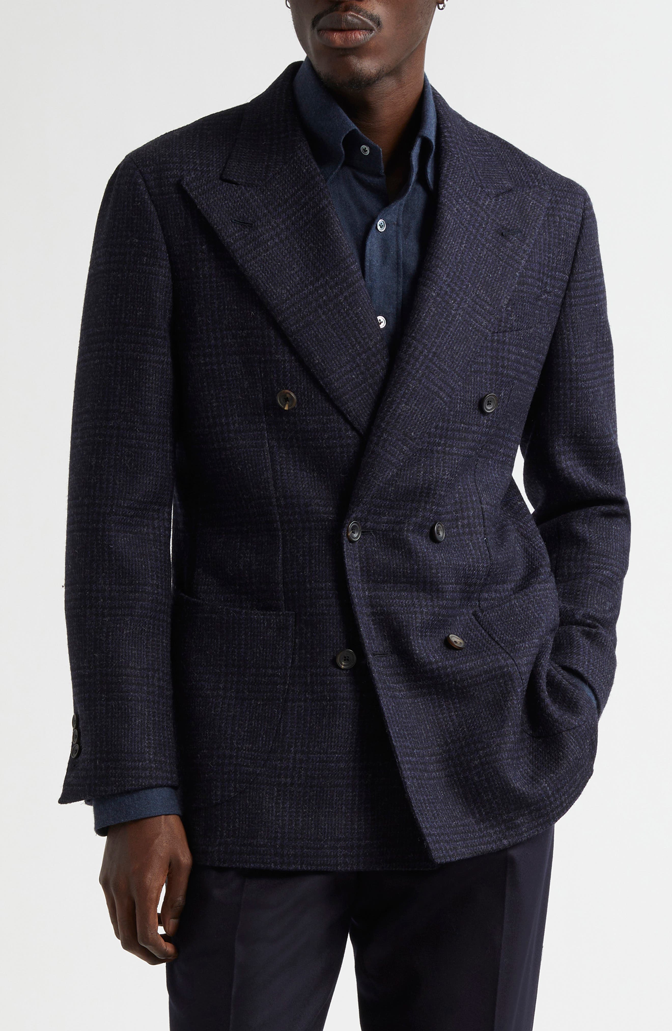 Unstructured Double Breasted Plaid Wool Sport Coat