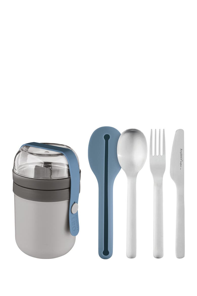 Leo To-Go Set: Dual Lunch Box & Flatware Set, Main, color, BLUE, GREY