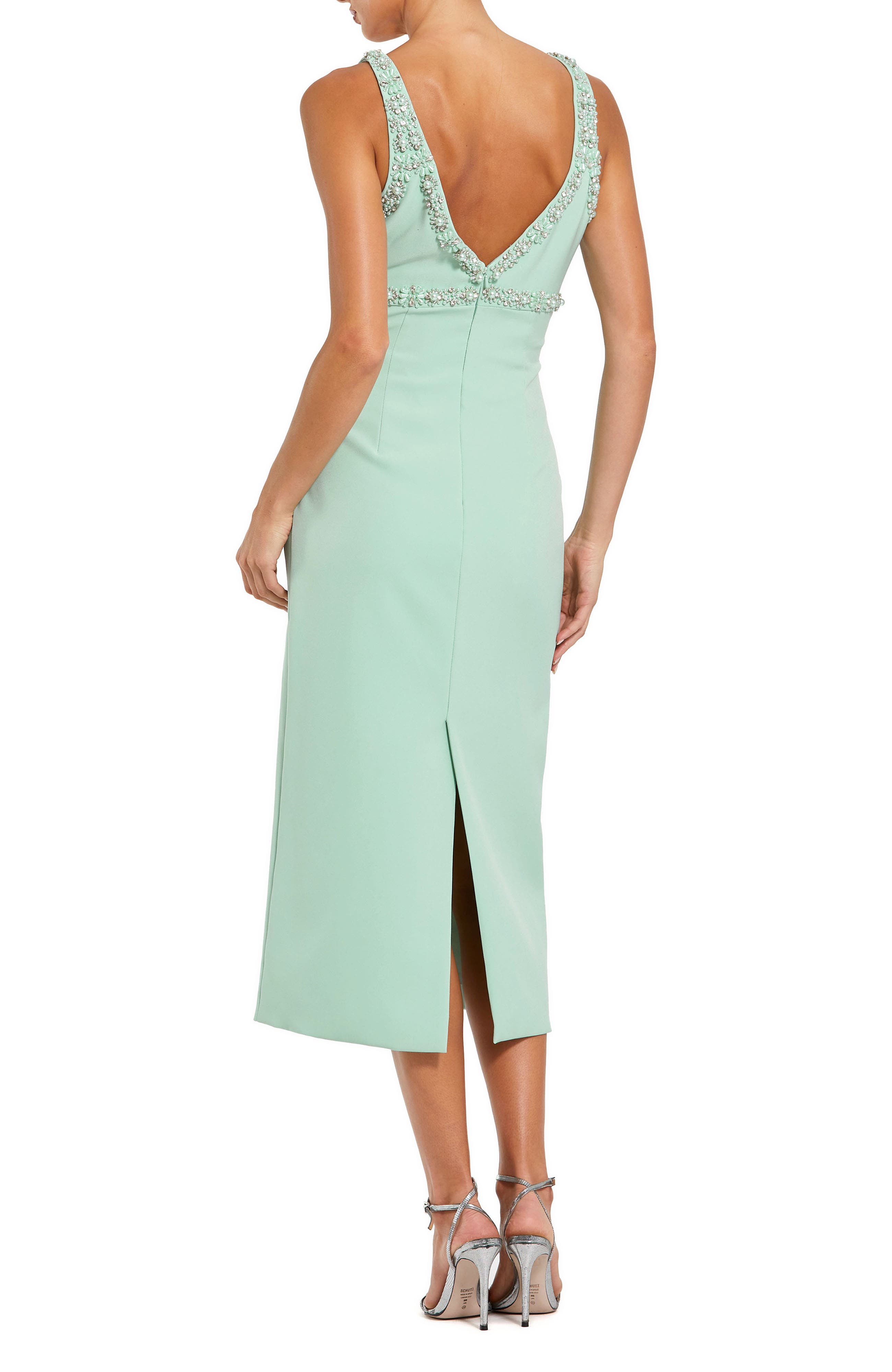 mac duggal bow-strap v-neck crepe fit & flare midi dress White Sleeveless Crepe Midi Dress with Bow Straps