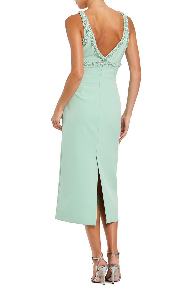 Mac Duggal Plunging Beaded Bow Trim V Neck Fitted Midi Dress, Alternate, color, Sage