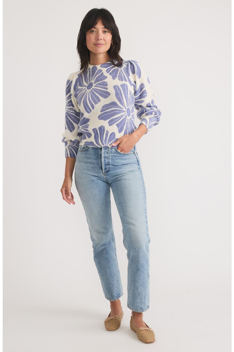 Floral Print Balloon Sleeve Crewneck Sweater, Alternate, color, BLUEFLORAL