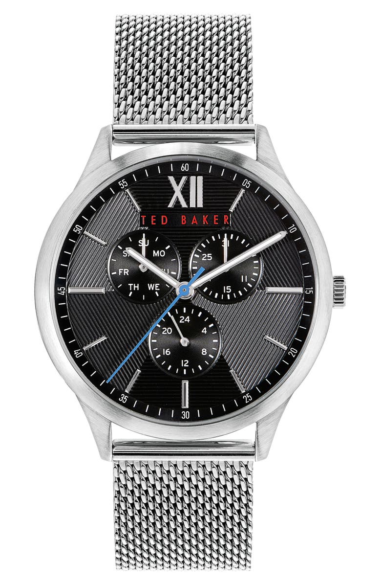 Ted Baker London Manhatt Multifunction Mesh Strap Watch, 42mm, Main, color, Silver