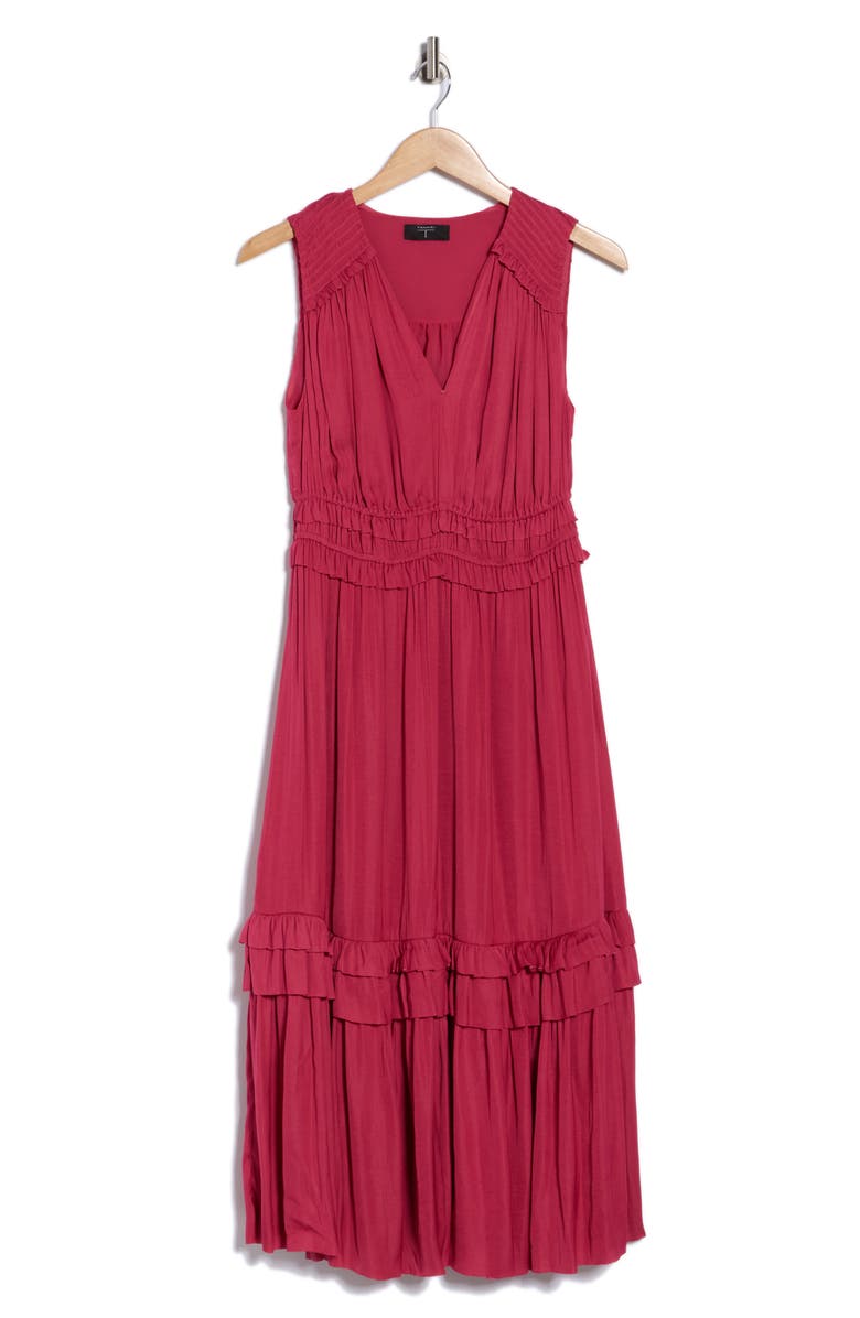 T Tahari Ruffle Sleeveless Tiered Midi Dress, Main, color, Corsage