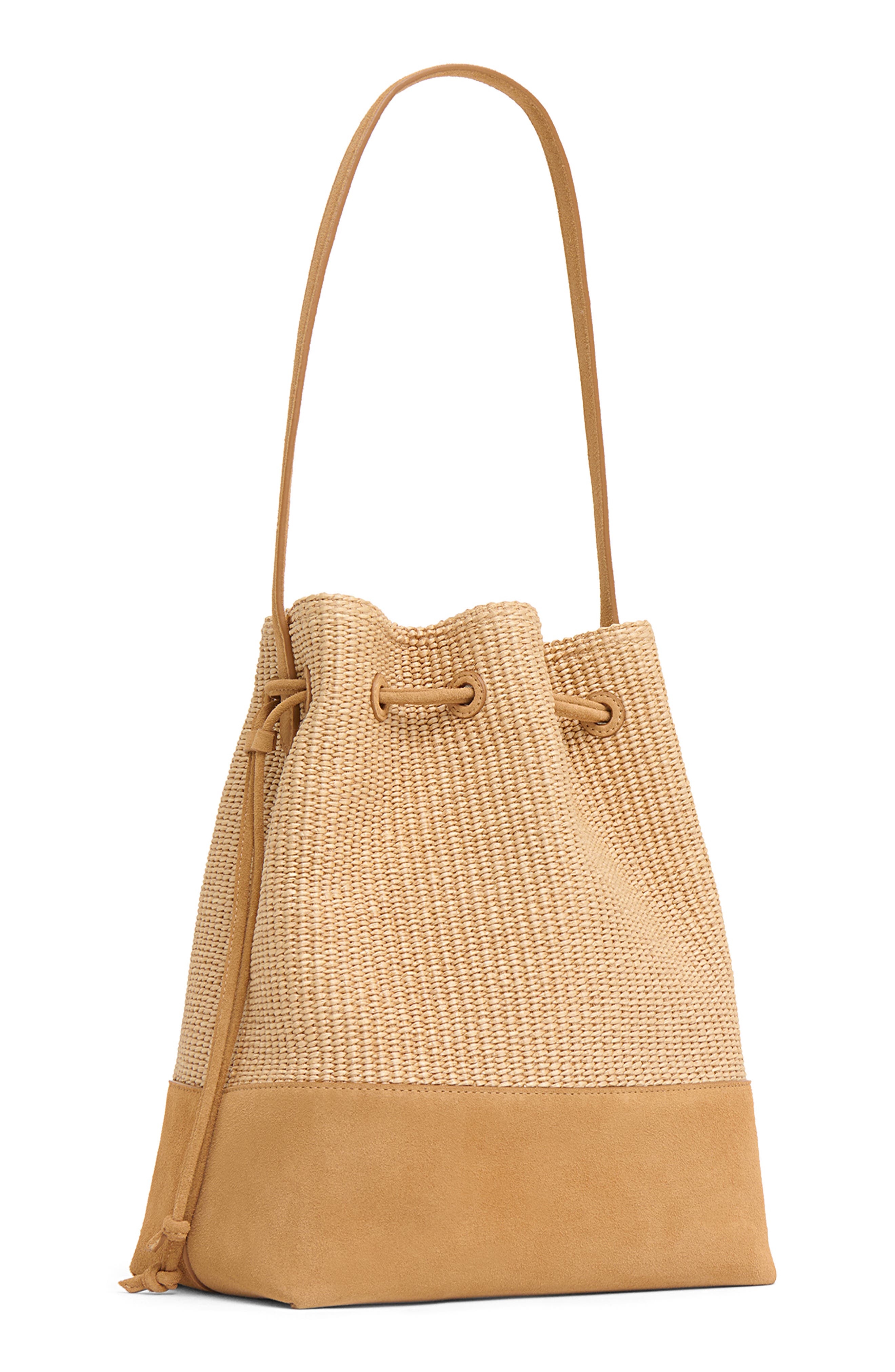 Mansur Gavriel Drawstring Woven Raffia & Suede Bucket Bag, Alternate, color, Natural