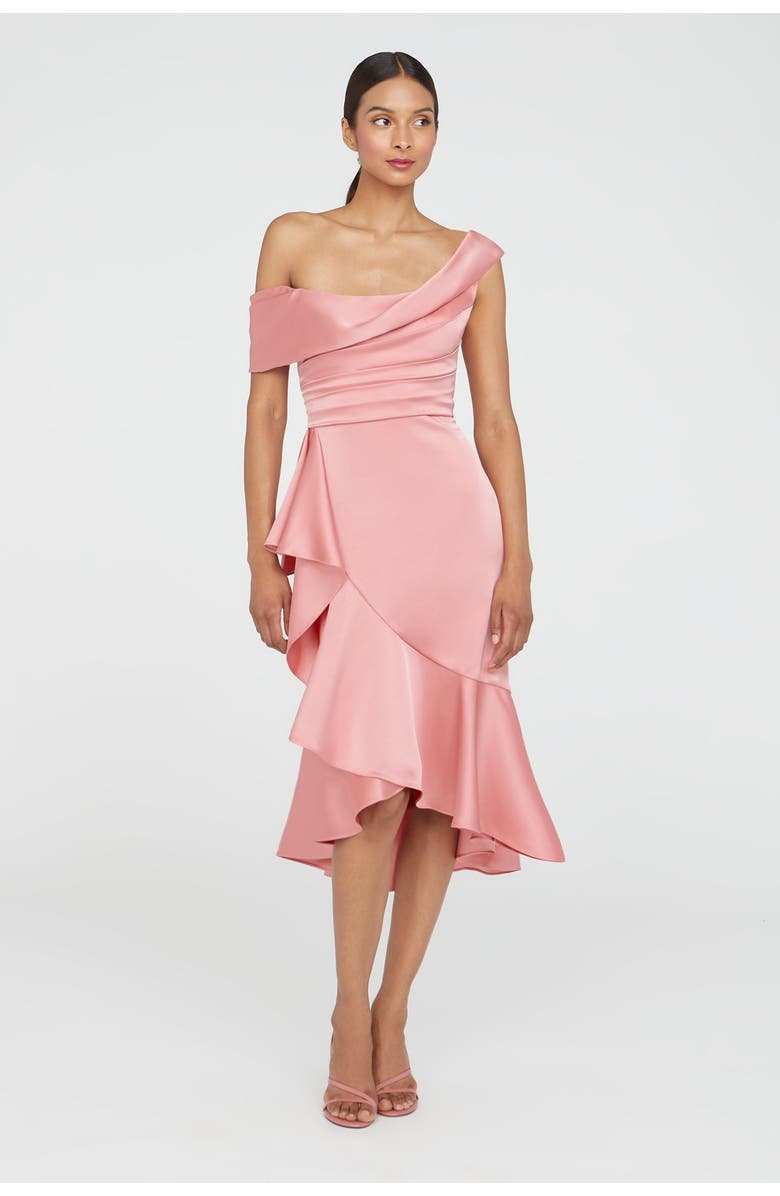 Theia Janice Draped Asymmetric Dress, Main, color, Sugar Coral