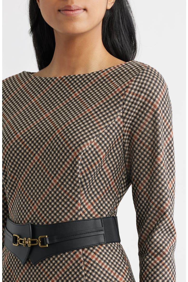Check Bias Cut Long Sleeve Fit & Flare Dress, Alternate, color, BLACK COGNAC