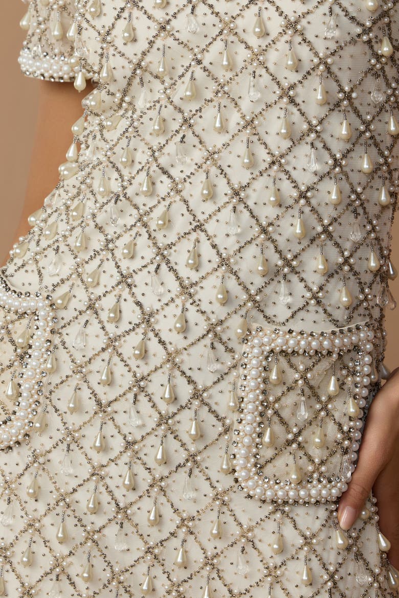 Short Sleeve Embellished Crepe Midi Dress, Alternate, color, Oyster