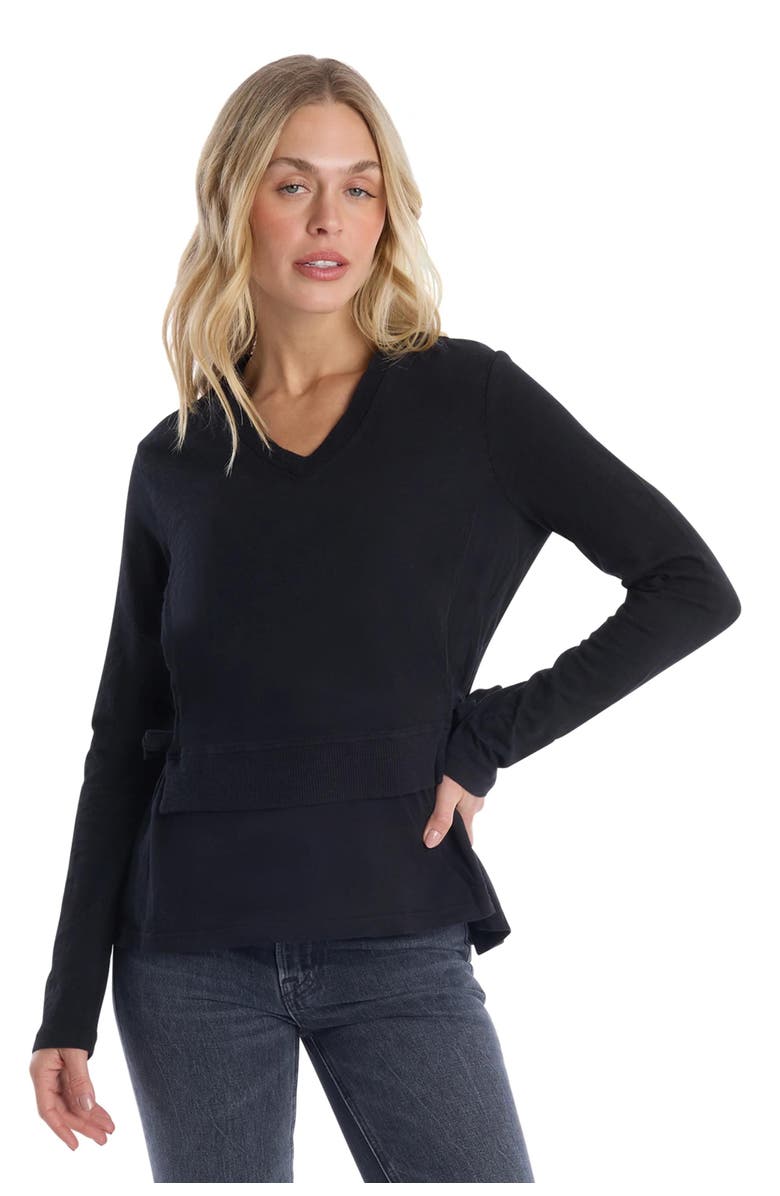 WILT Clothing Mixed Media Double Layer Effect V-Neck Tee, Main, color, Black