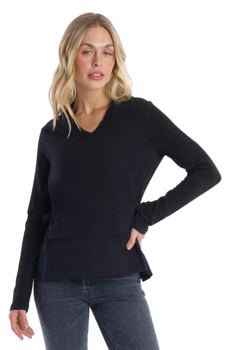 Mixed Media Double Layer Effect V-Neck Tee