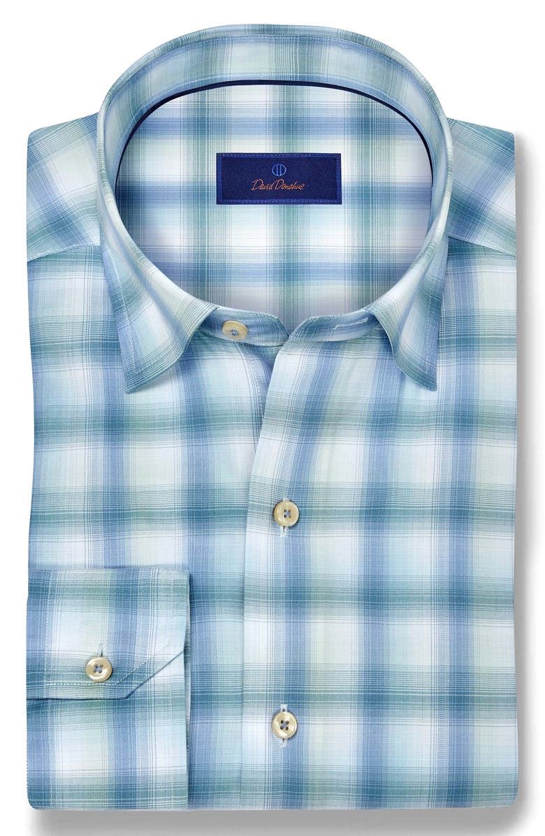 David Donahue Ombré Check Cotton Twill Button-Up Shirt, Alternate, color, Blue/ Green