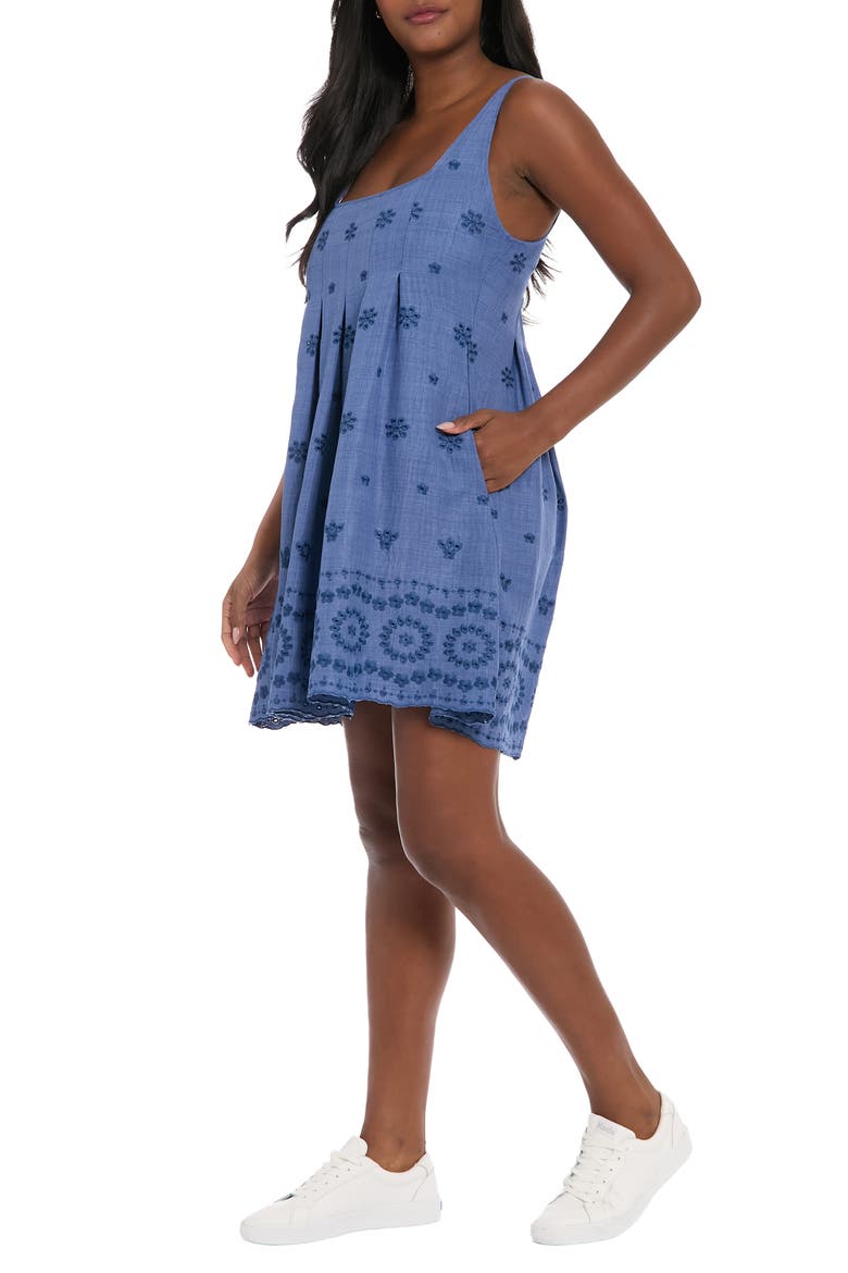 Embroidered Eyelet Sleeveless Pleated Trapeze Dress, Alternate, color, DENIM