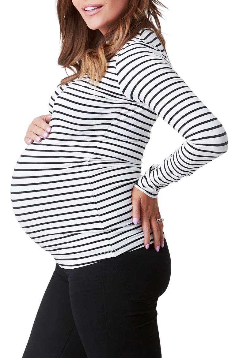 Liv Long Sleeve Sculpting Maternity Crew Neck Tee, Alternate, color, WHITE/BLACK STRIPE