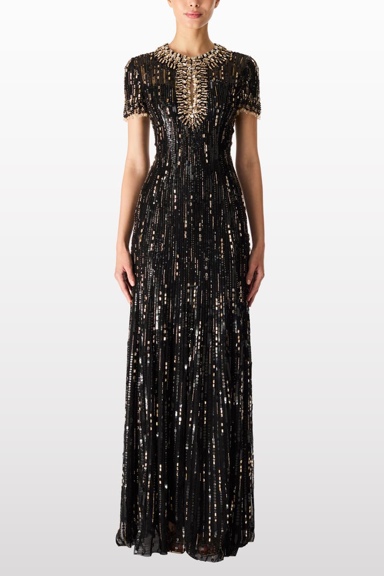 Nova Sequin-Embellished Keyhole-Neck Maxi Dress, Alternate, color, Liquorice/Gold