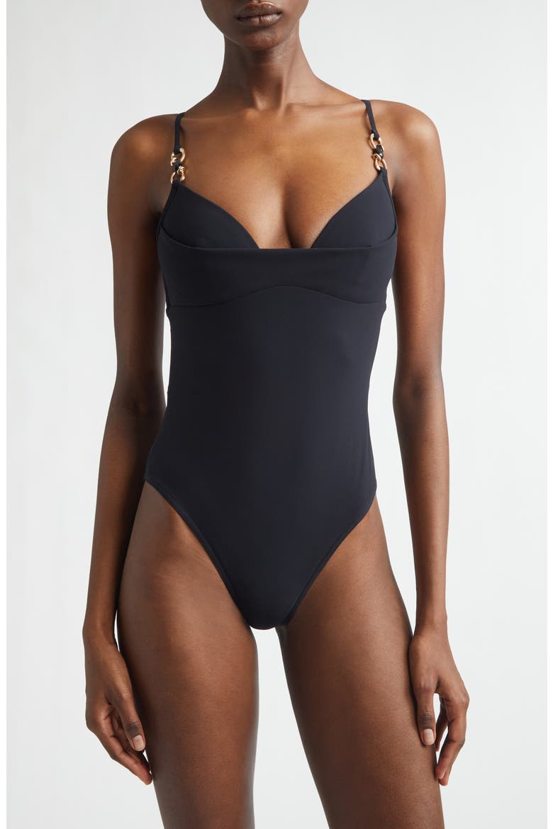 Mahon Trim Detail One-Piece Swimsuit, Main, color, BLACK