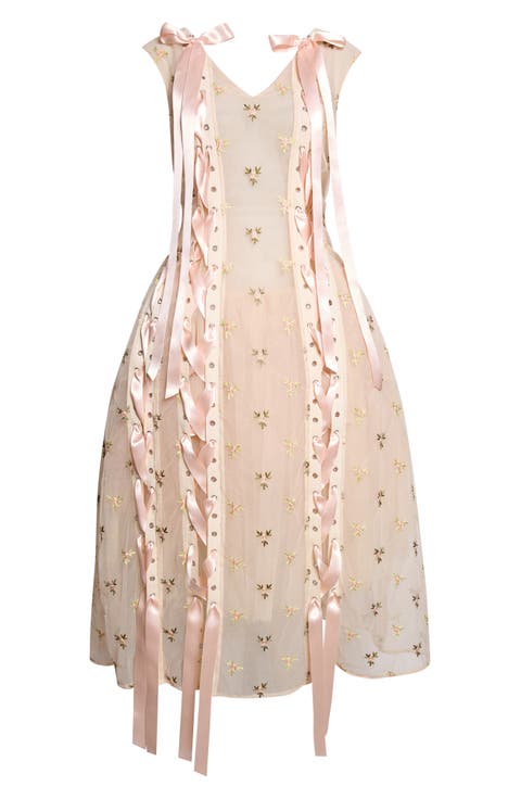 Unraveling Ribbon Embroidered Tulle Dress