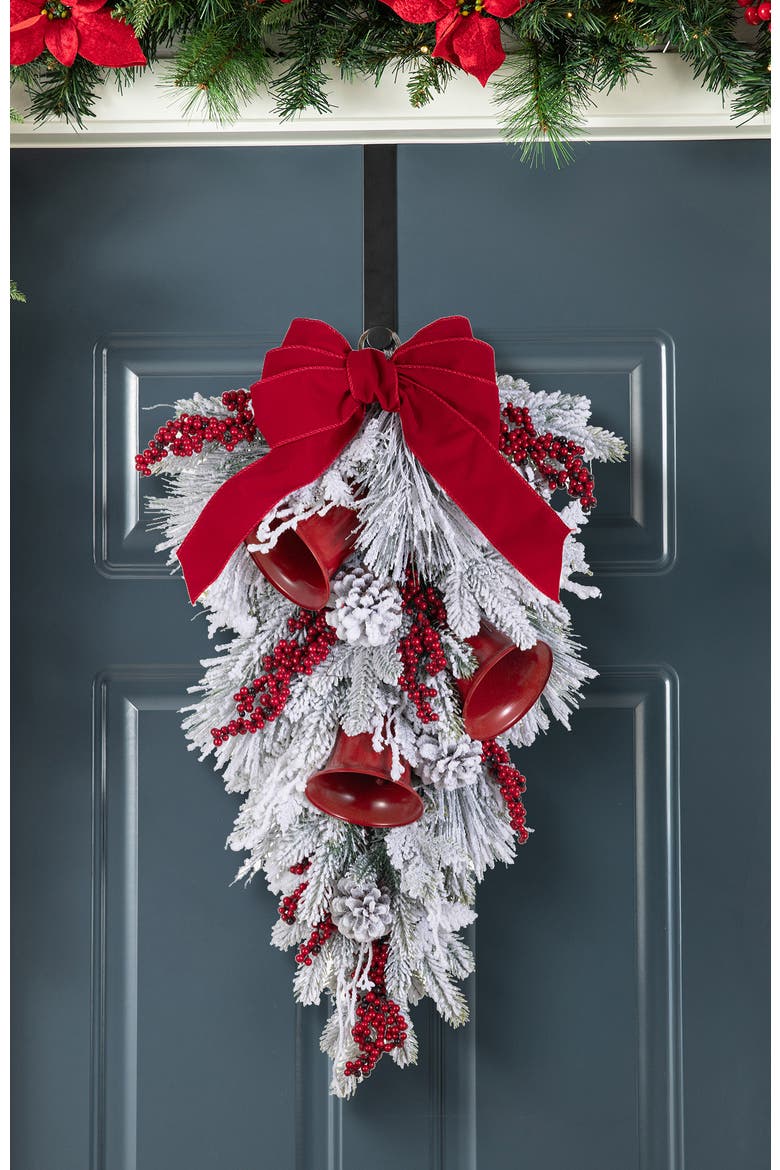 Christmas Flocked Pinecone & Berry Teardrop Wreath, Alternate, color, White