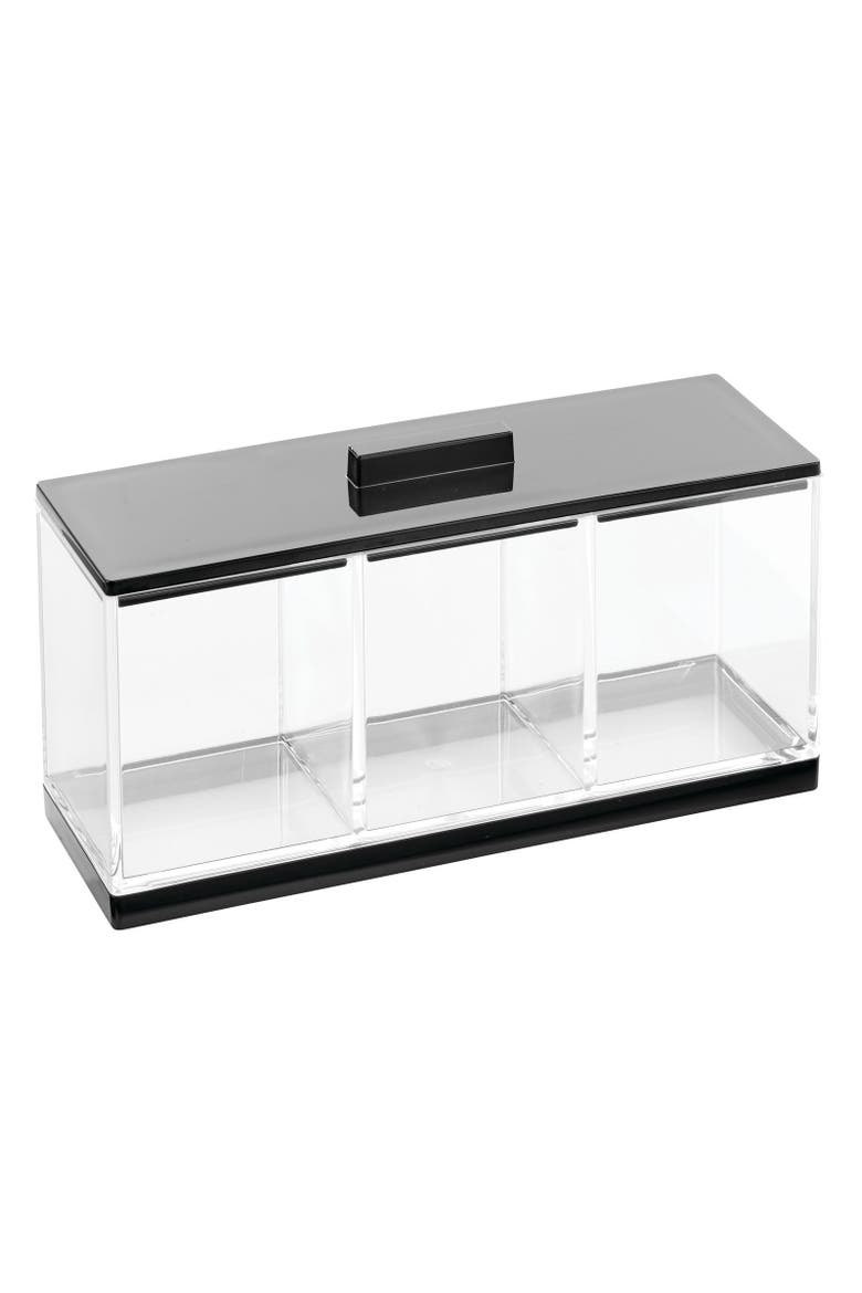 Cosmetic Divided Organizer Canister Box, 3 Sections and Lid, Main, color, Clear/Black