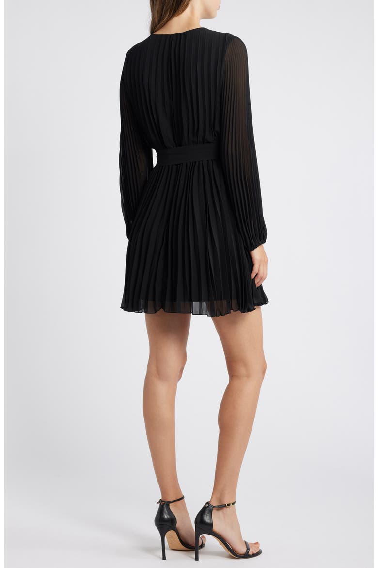 Tie Belt Long Sleeve Plissé Minidress, Alternate, color, BLACK