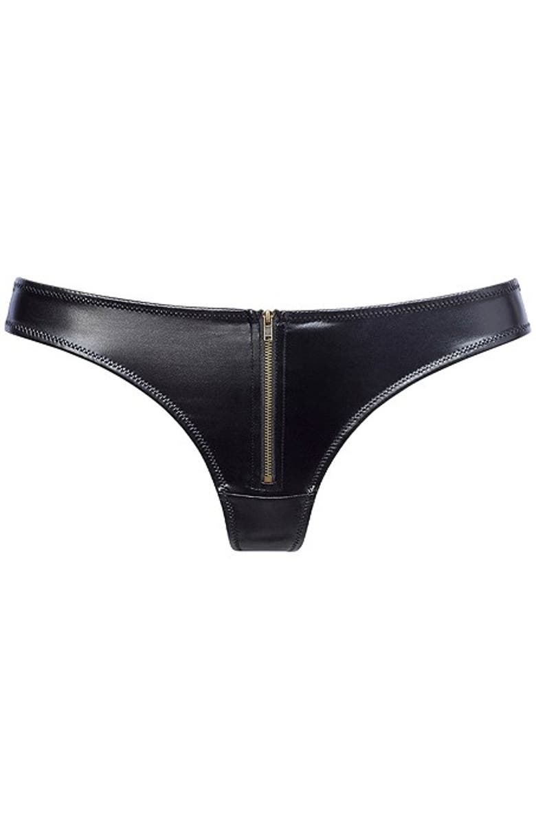 LASCANA Women's Faux Leather Zip Thong, Alternate, color, Black