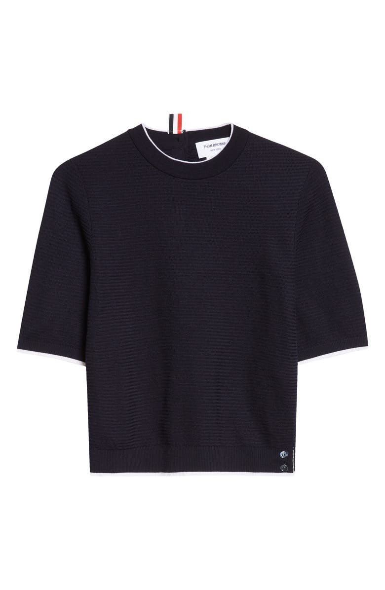 Thom Browne Tipped Textured Stitch Short Sleeve Virgin Wool Top, Alternate, color, Navy