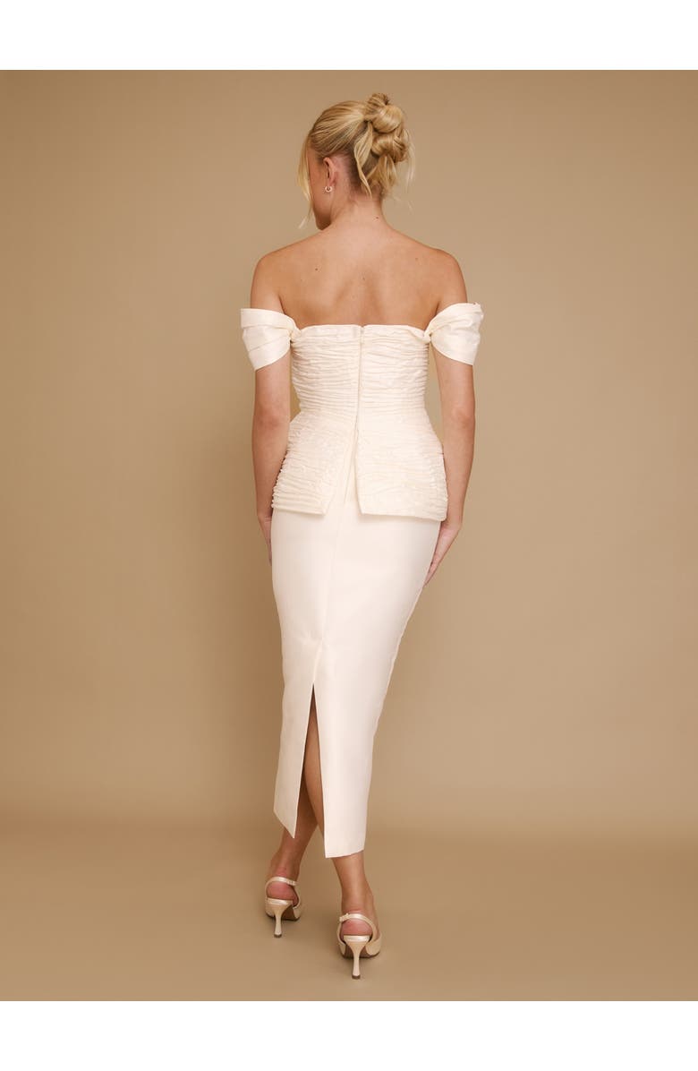 Six Stories Gathered Bardot Peplum Midi Dress, Alternate, color, Ivory