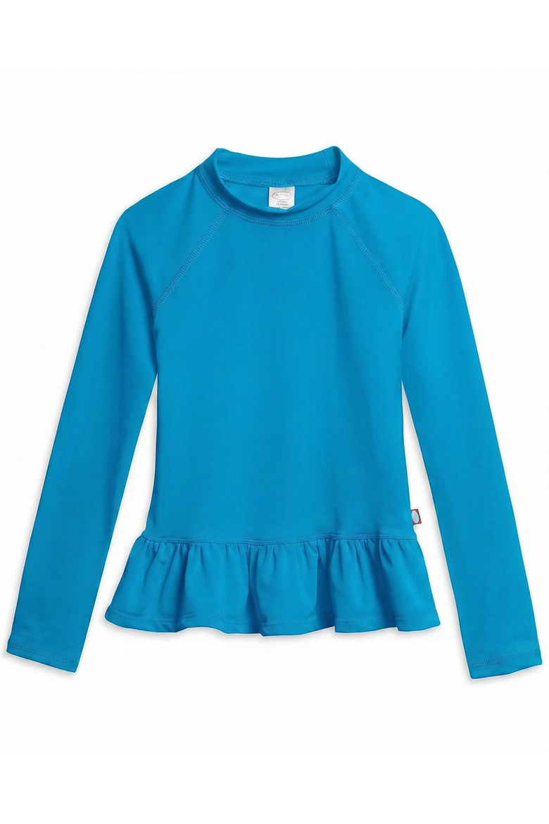Girls Swim Peplum UPF 50+ Long Sleeve Rashguard Tee, Main, color, Teal