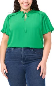 CeCe Ruffle Tie Neck Puff Sleeve Top