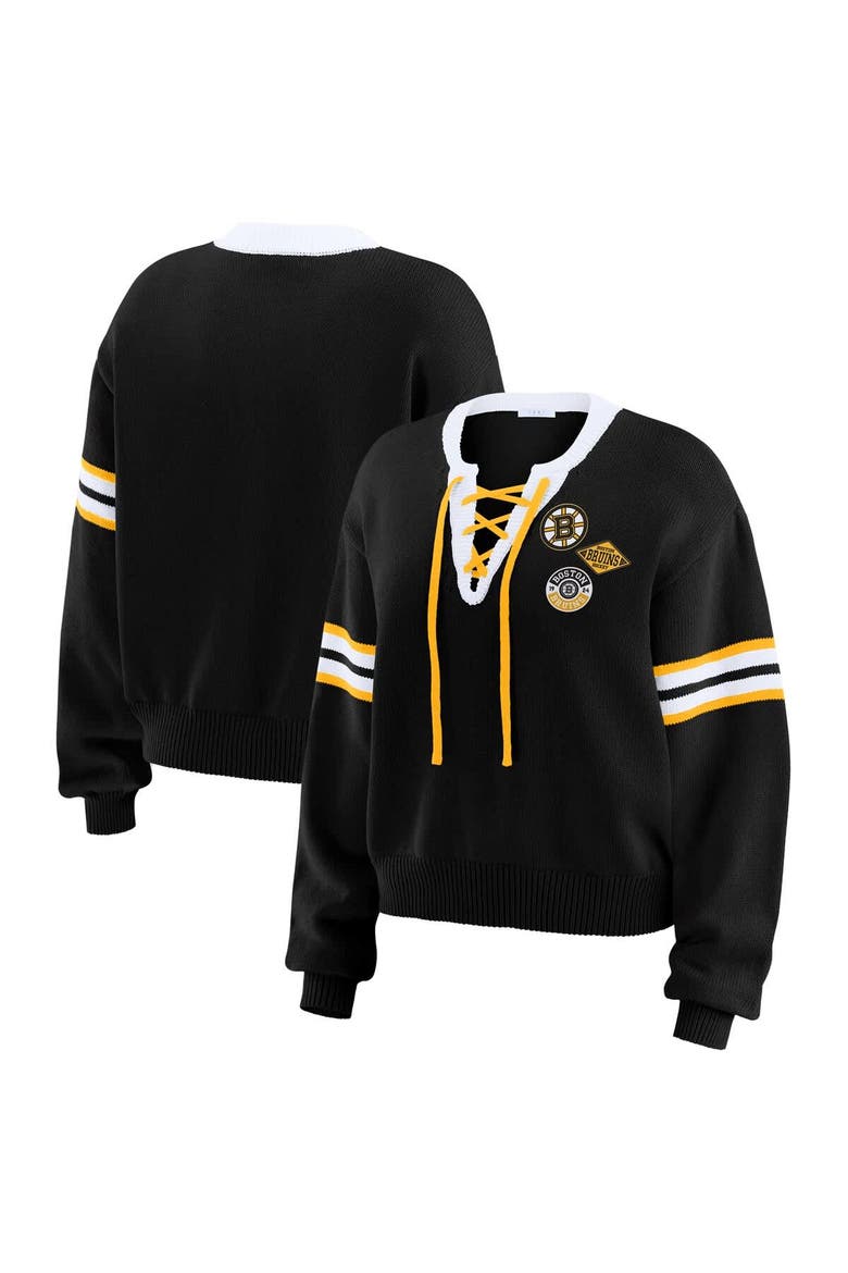 Women's WEAR by Erin Andrews  Black Boston Bruins Cropped Lace-Up Sweater, Main, color, Black