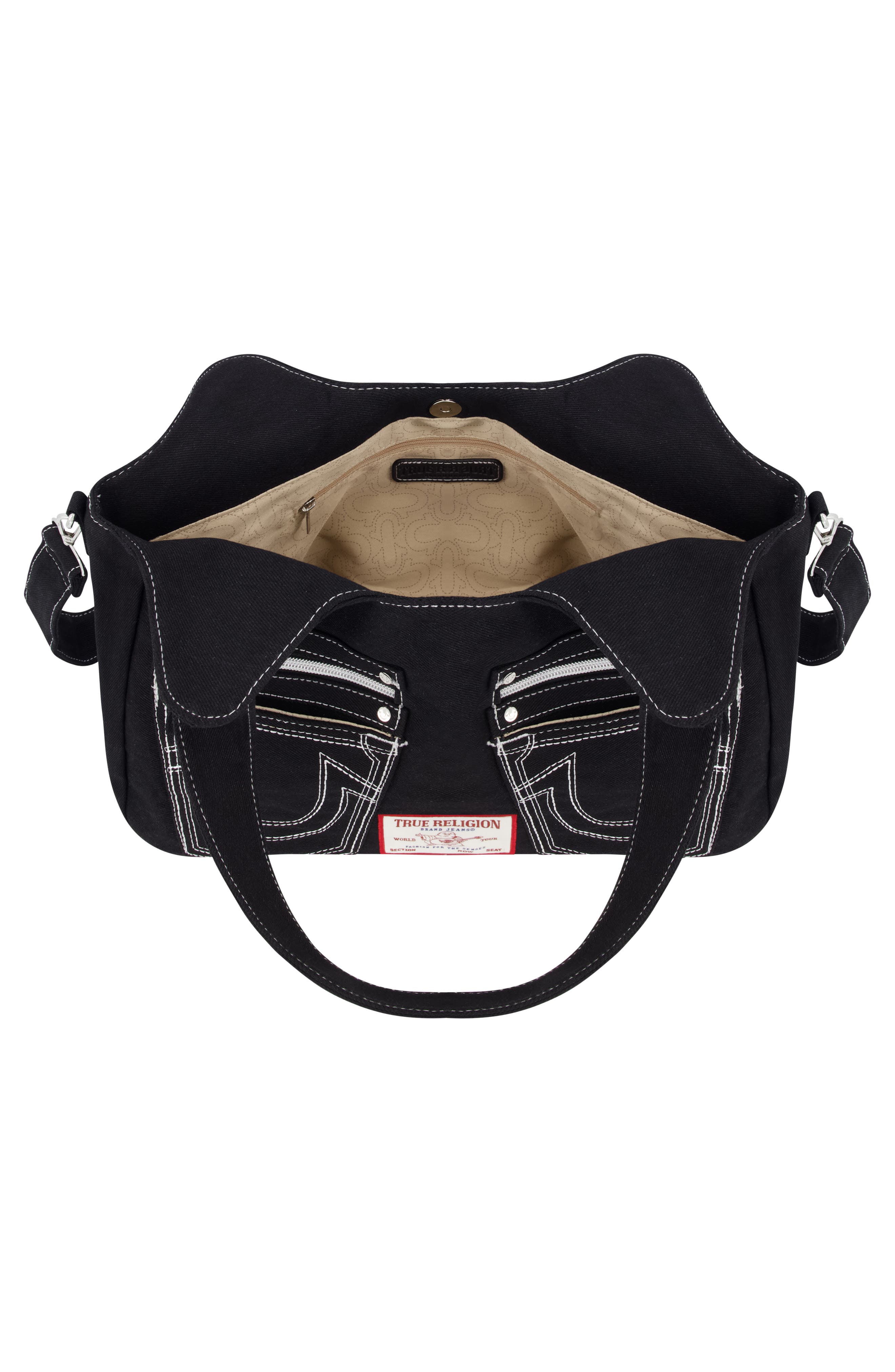 True Religion Brand Jeans Horseshoe Stitched Denim Shoulder Bag, Alternate, color, Black