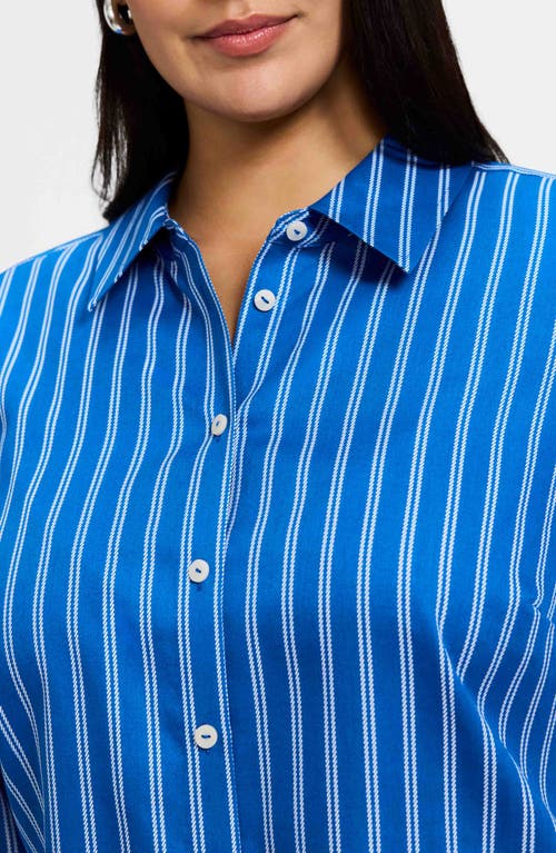 Foxcroft Evelyn Stripe Three-quarter Sleeve Cotton Button-up Shirt In Cobalt Blue White