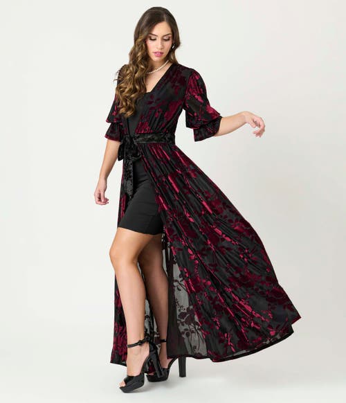 Unique Vintage Plus Size Floral Velvet Burnout Duster In Black