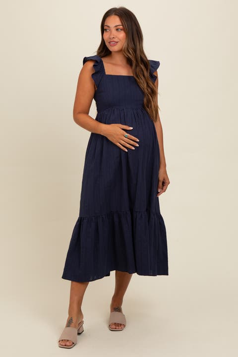 Textured Cotton Ruffle Strap Midi Dress