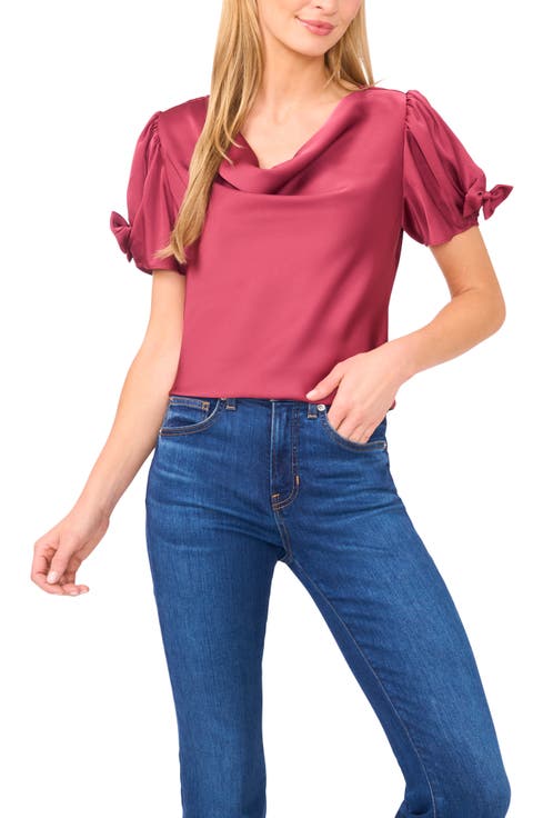 Bow Sleeve Cowl Neck Satin Charmeuse Top
