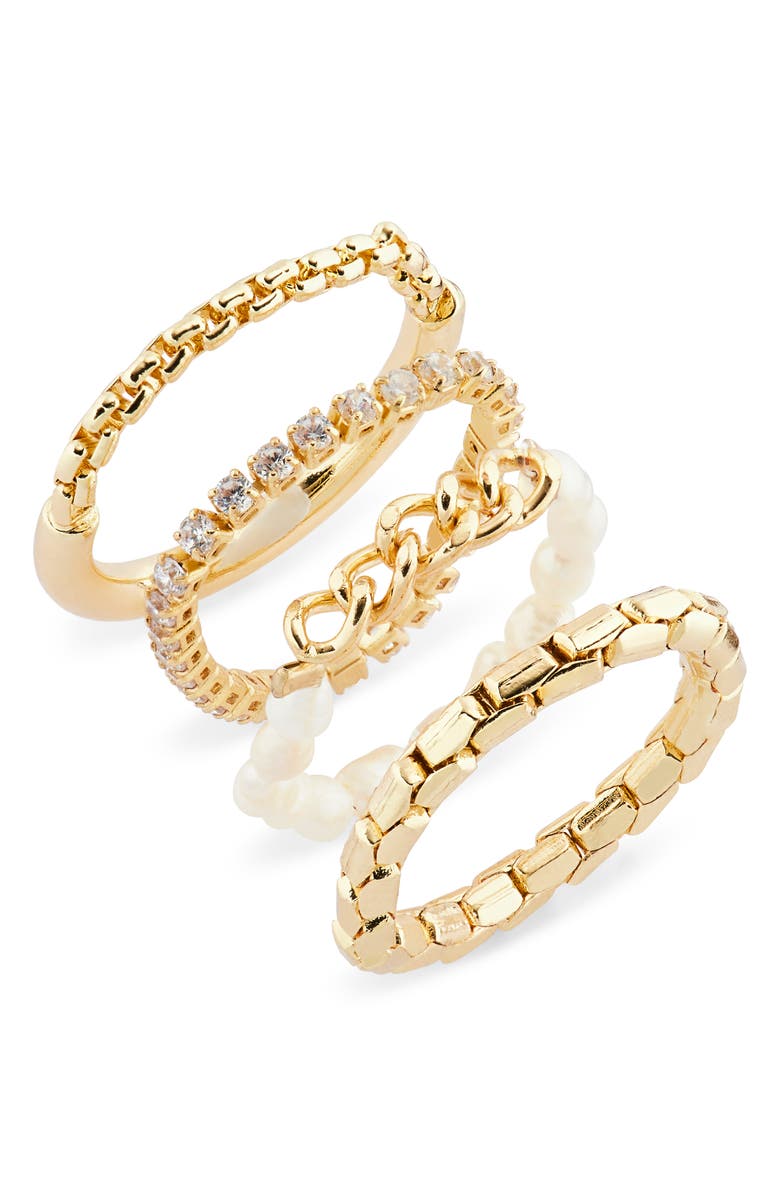 Covet Set of Faux Pearl & Cubic Zirconia Stackable Rings, Main, color, Gold