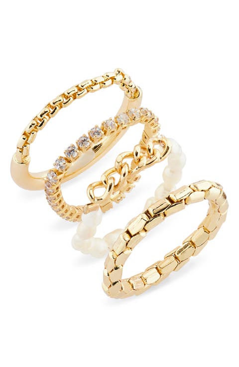 Set of Faux Pearl & Cubic Zirconia Stackable Rings
