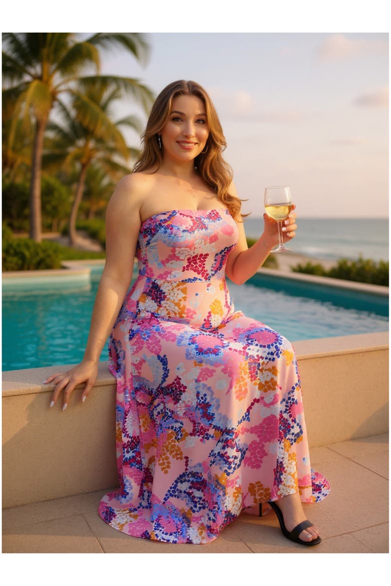 Plus Size Abstract A-Line Strapless Pocket Maxi Dress, Alternate, color, Pink Multi
