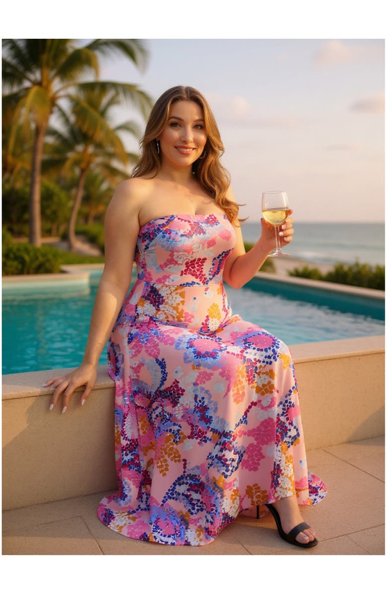 24seven Comfort Apparel Plus Size Abstract A-Line Strapless Pocket Maxi Dress, Alternate, color, Pink Multi