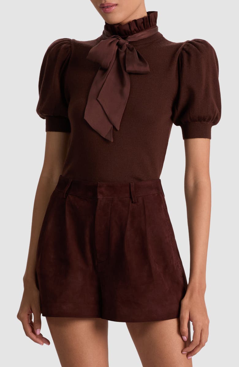 Alice + Olivia Chase Ruffle Tie Neck Stretch Wool Sweater, Main, color, Dark Chocolate