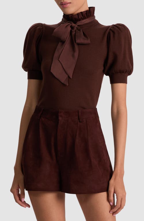 Alice And Olivia Chase Puff Sleeve Ruffle Neck Sweater Dark Chocolate In Brown
