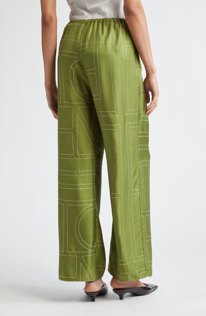 TOTEME Monogram Embroidered Silk Pants, Alternate, color, Laurel
