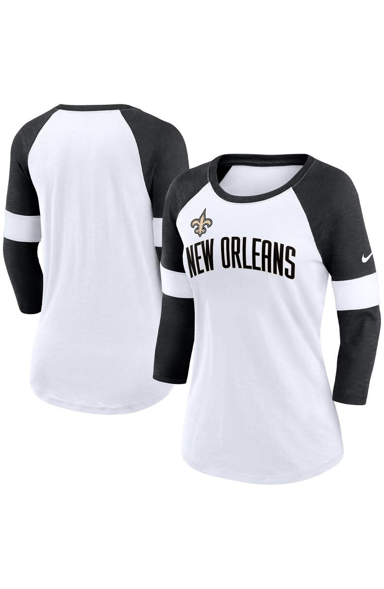 Nike Women's Nike New Orleans Saints White/Heather Black Football Pride Raglan 3/4-Sleeve T-Shirt, Alternate, color, 