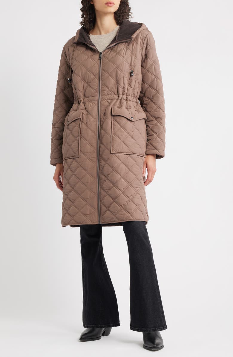 Bernardo Diamond Quilted Hooded Puffer Coat, Main, color, Pine Bark